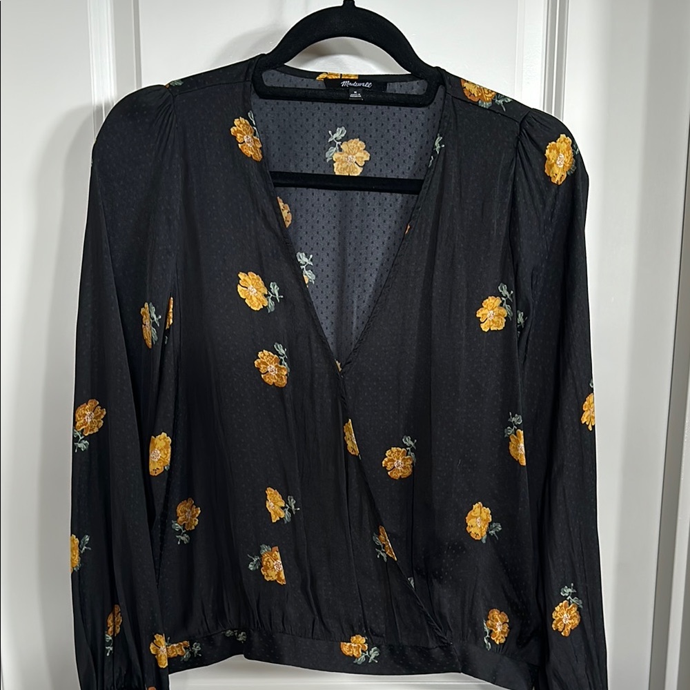 Madewell Black and Yellow Wrap Blouse 3/4 Sleeve